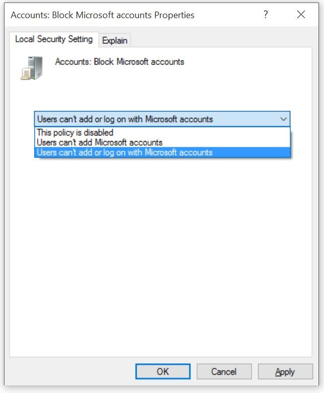 Block or Disable Microsoft account in Windows 10 pic3