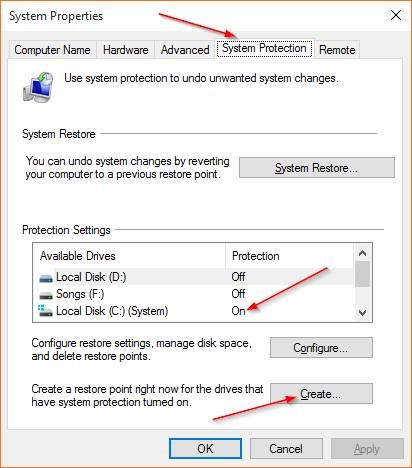 Create a Restore Point in Windows 10 step2