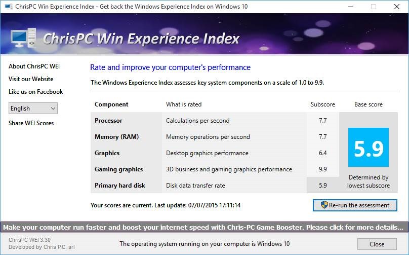 Windows Experience Index in Windows 10