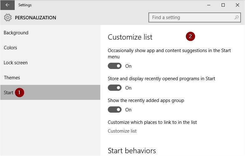 Windows 10 Start menu settings picture2