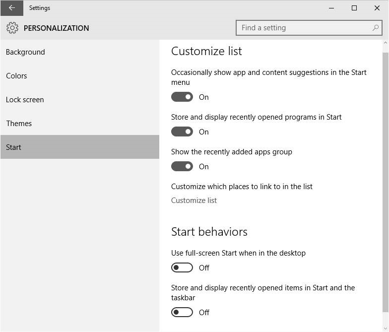 Windows 10 Start menu settings picture1