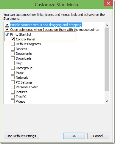 Pin Control Panel to Start menu in Windows 10 step8