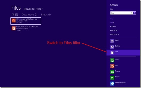 Search for files in Start screen