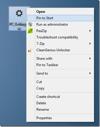 Pin PC Settings To Start Screen & Taskbar