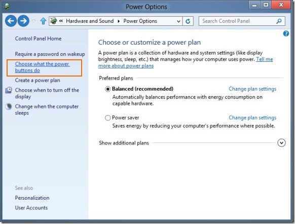 Enable Fast Startup In Windows 8 Step1