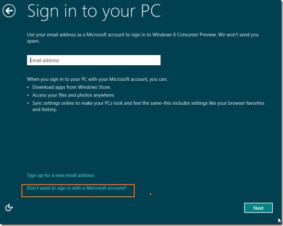 Create User Account Without email address in Windows 8