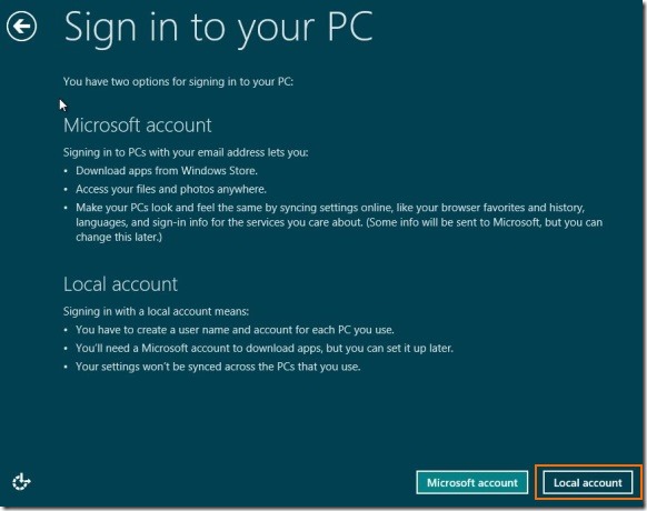 Create User Account Without email address in Windows 8 step1