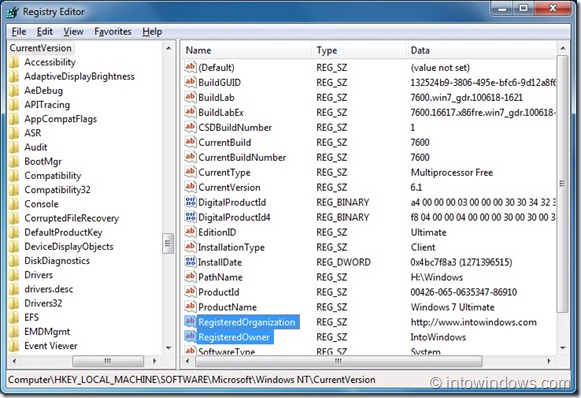 Change Registered Owner and Organization Name In Windows 7