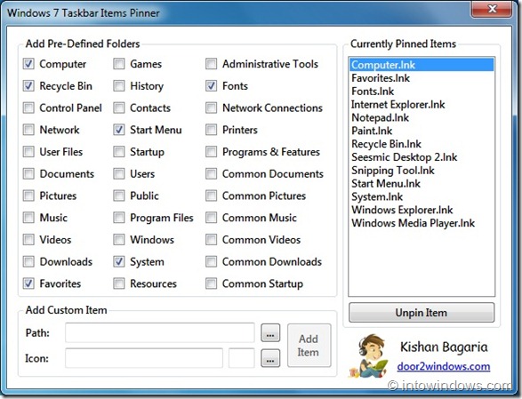 Windows 7 Taskbar Items Pinner