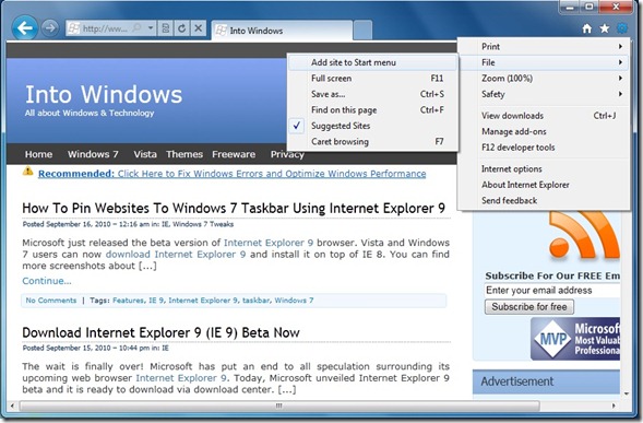 Add website to Start menu Using Internet Explorer 9