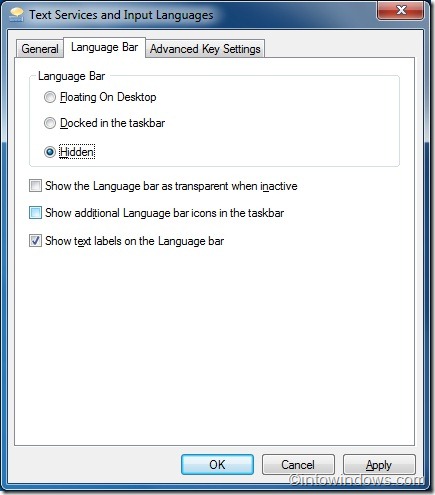 how to hide language toolbar in Windows 7