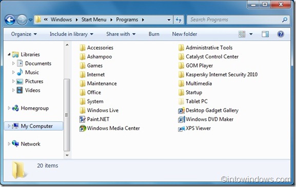 Manually Organizer Start Menu In Windows 7