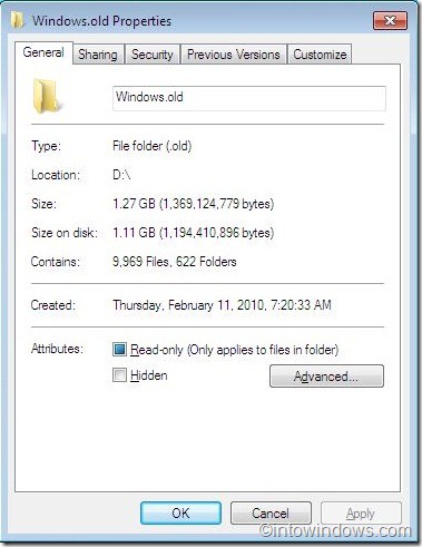 Windows old folder size