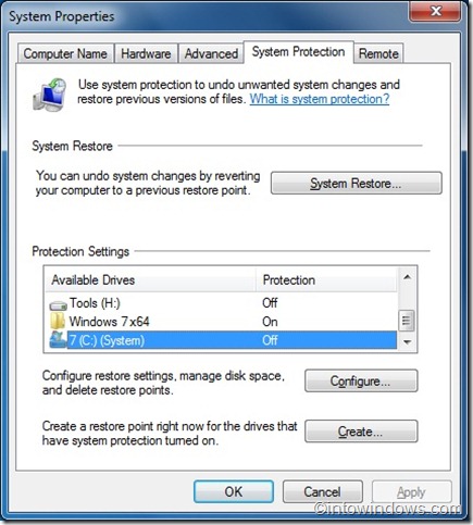 Enable system restore feature in windows 7