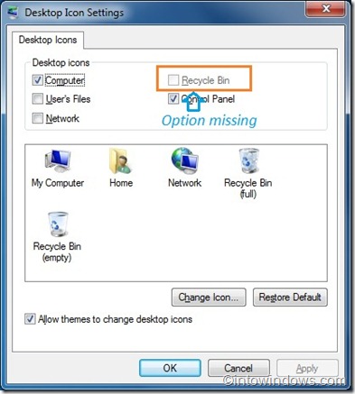 recycle bin option missing