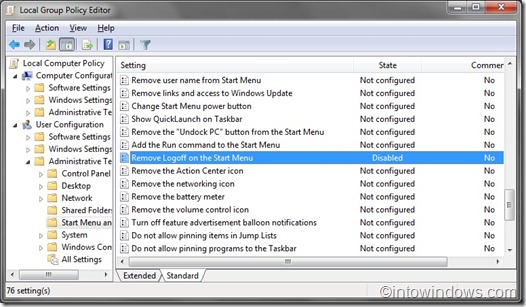 Remove log off from start menu via group policy