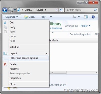 folder and search option in Windows 7