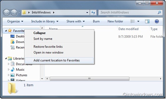 Add a folder to favorites in Windows 7