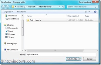 Windows 7 new toolbar select folder