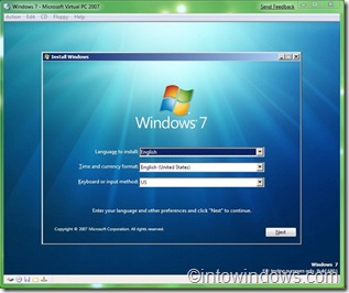 VPC instlaling Windows 7