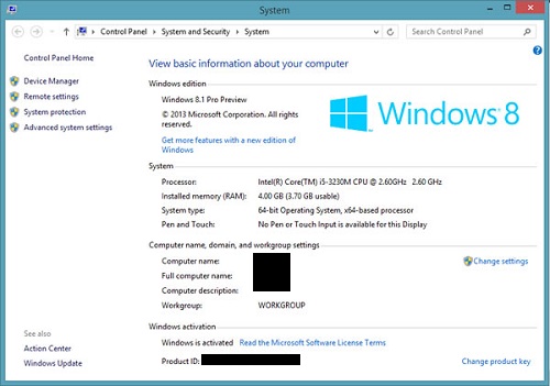 System Properties Windows 8