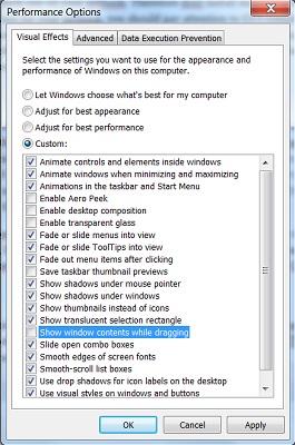 windows 7 performance options