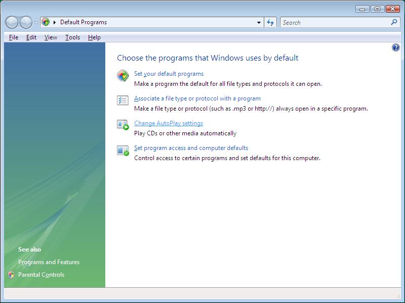 Auto play settings - Windows Vista