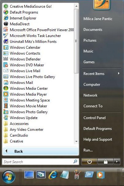 default Windows Vista start menu