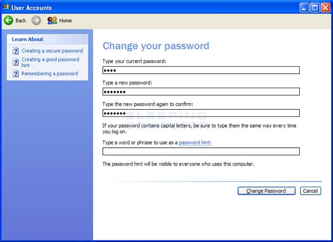 Change Password screen