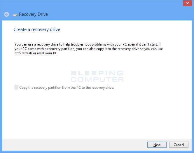 Recovery Drive Start Screen