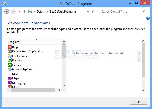 Set Default Programs screen