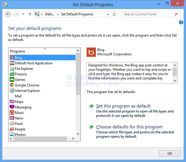 Set Default Programs Control Panel