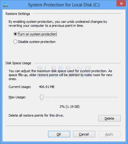 System Protection properties for a drive