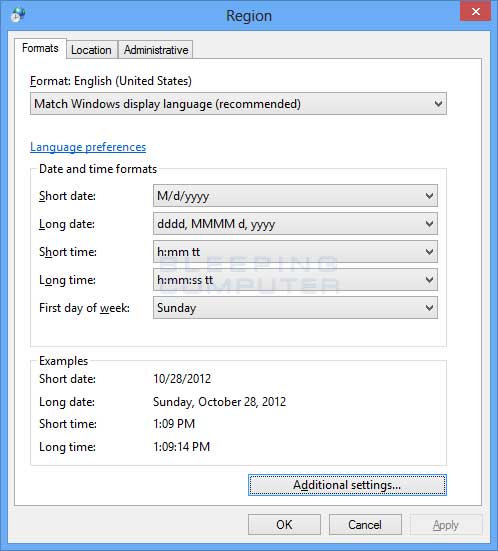 Region and Language Settings control panel