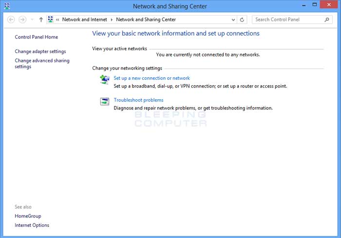 Network and sharing center control panel