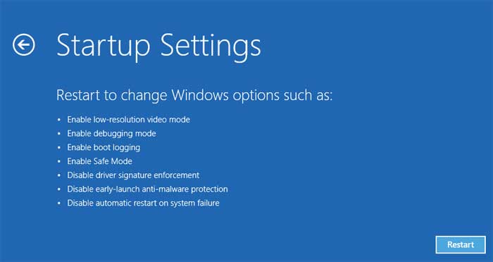 Startup settings option