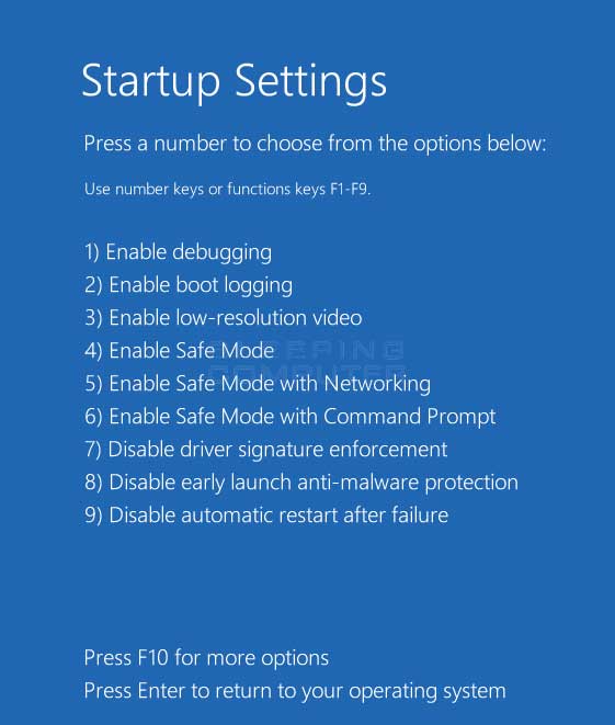 Startup Settings menu