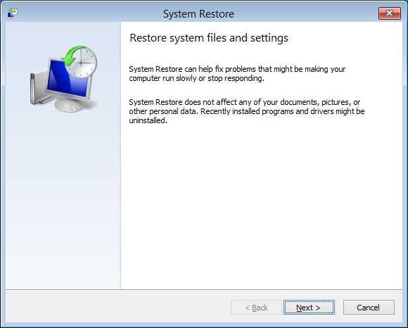 System Restore start screen