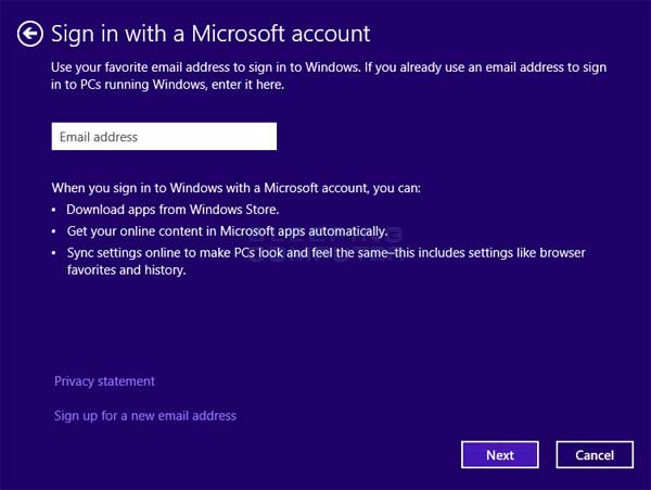 Enter Microsoft account email address screen