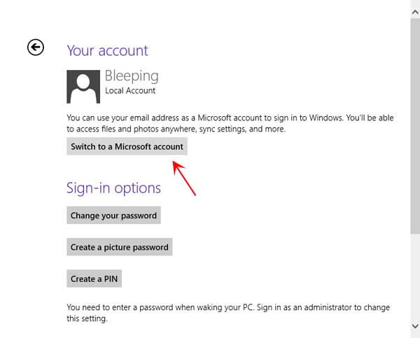 Switch from Local account to a Microsoft account