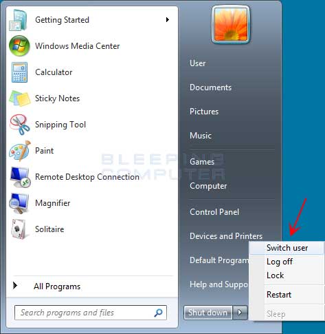 Windows 7 Start Menu Power options