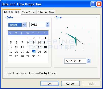 Windows XP Date and Time Properties