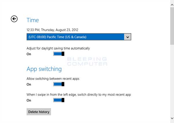 Windows 8 General Settings screen