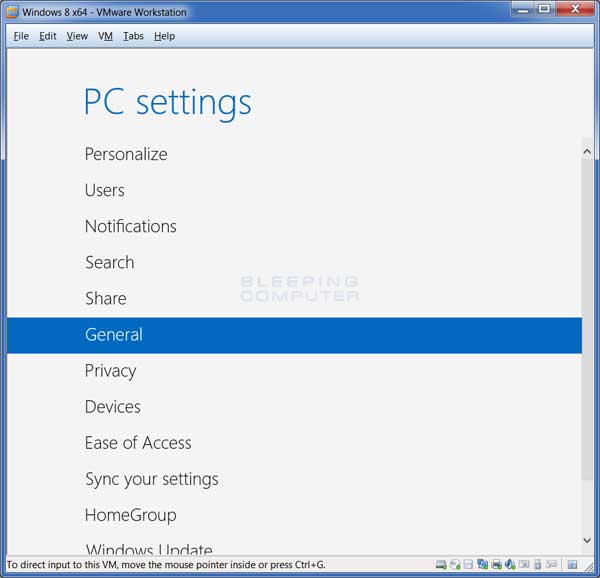 Windows 8 PC Settings Screen