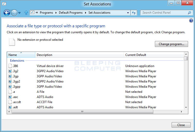 Set Associations control panel