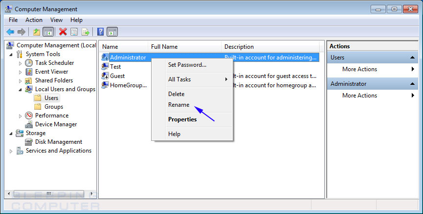 Rename Administrator via the Computer Management screen