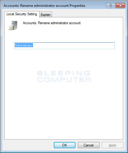 Accounts: Rename administrator account Properties screen