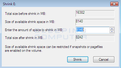 Windows Vista Shrink Options