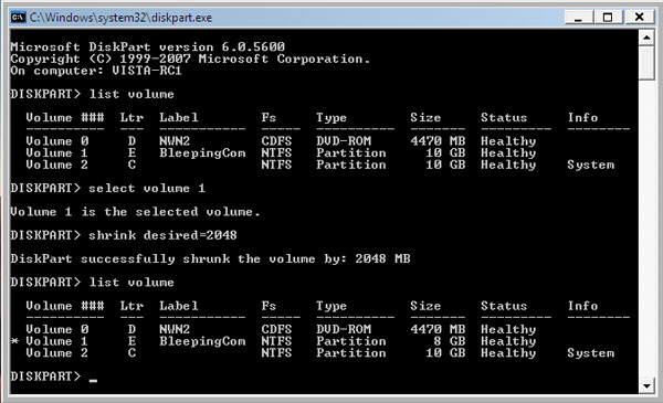 Vista Shrink from command line