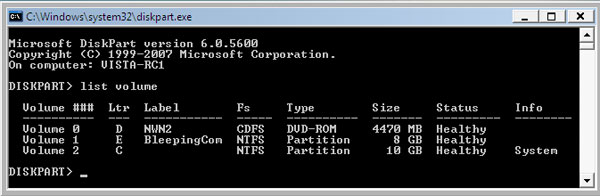 List volume in diskpart